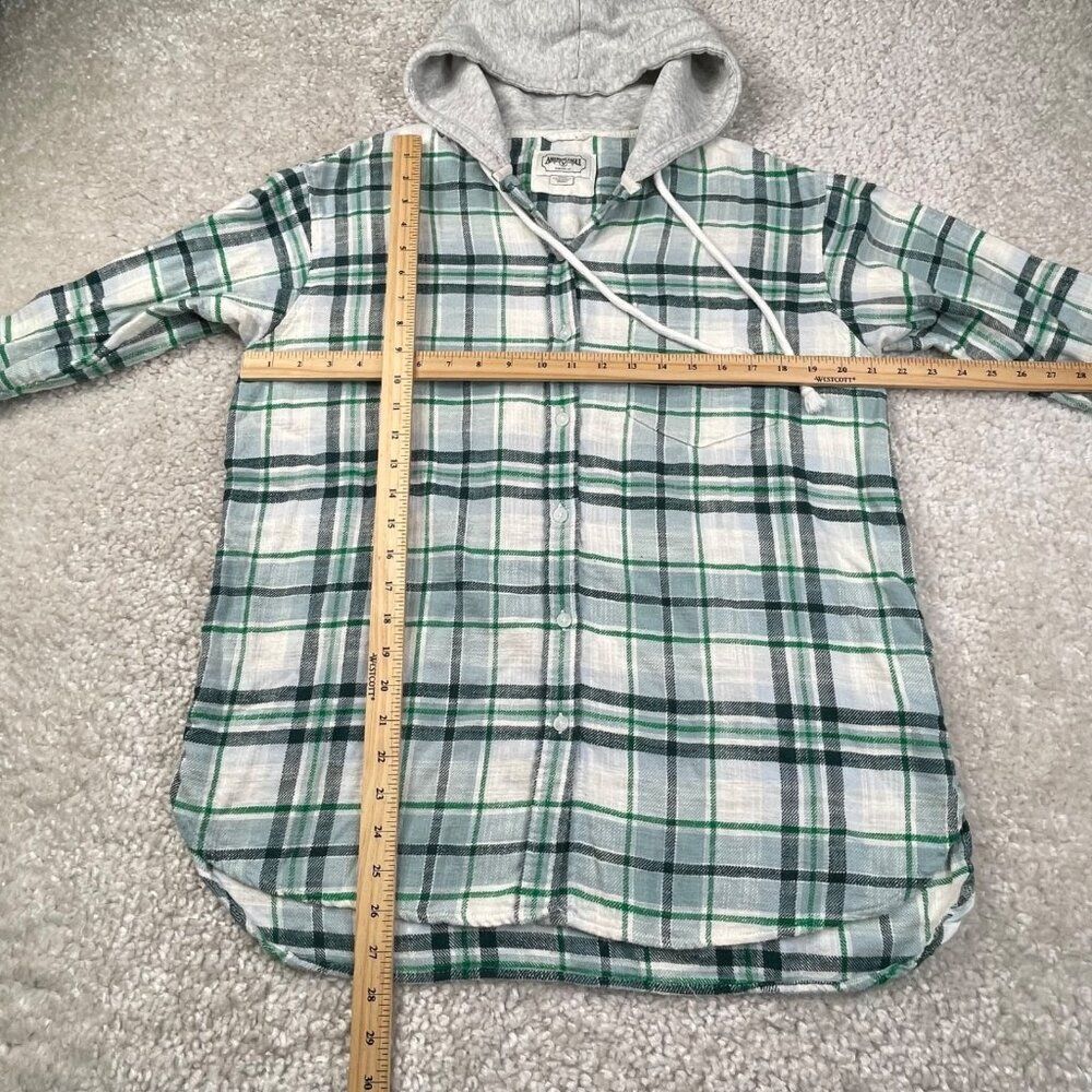 American Eagle Cozy Cabin Hoodie Flannel Shirt Green Plaid Womens Medium - Picture 8 of 8